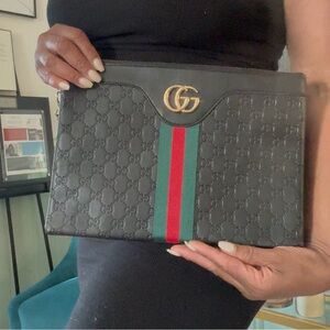 GG Embossed Leather Web Stripe Clutch | Black | Satin Interior | Like New